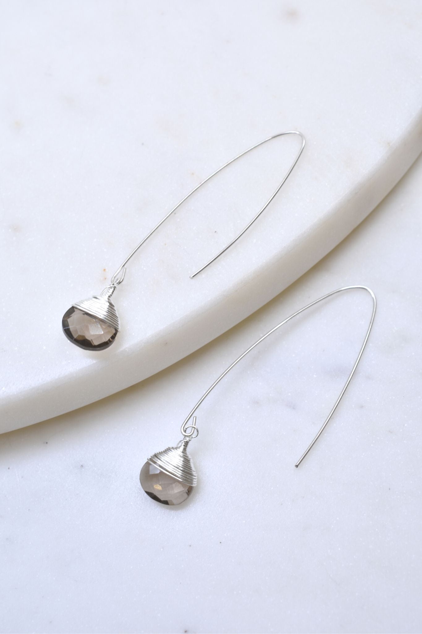 Jill Long Wire Drop Earrings in Smoky Quartz