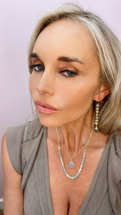 Gold Two-Strand Necklace with Turquoise and Pearl Beads and White Druzy Pendant