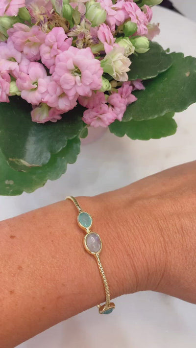 Gold Bangle Bracelet with Moonstone and Chalcedony Stones
