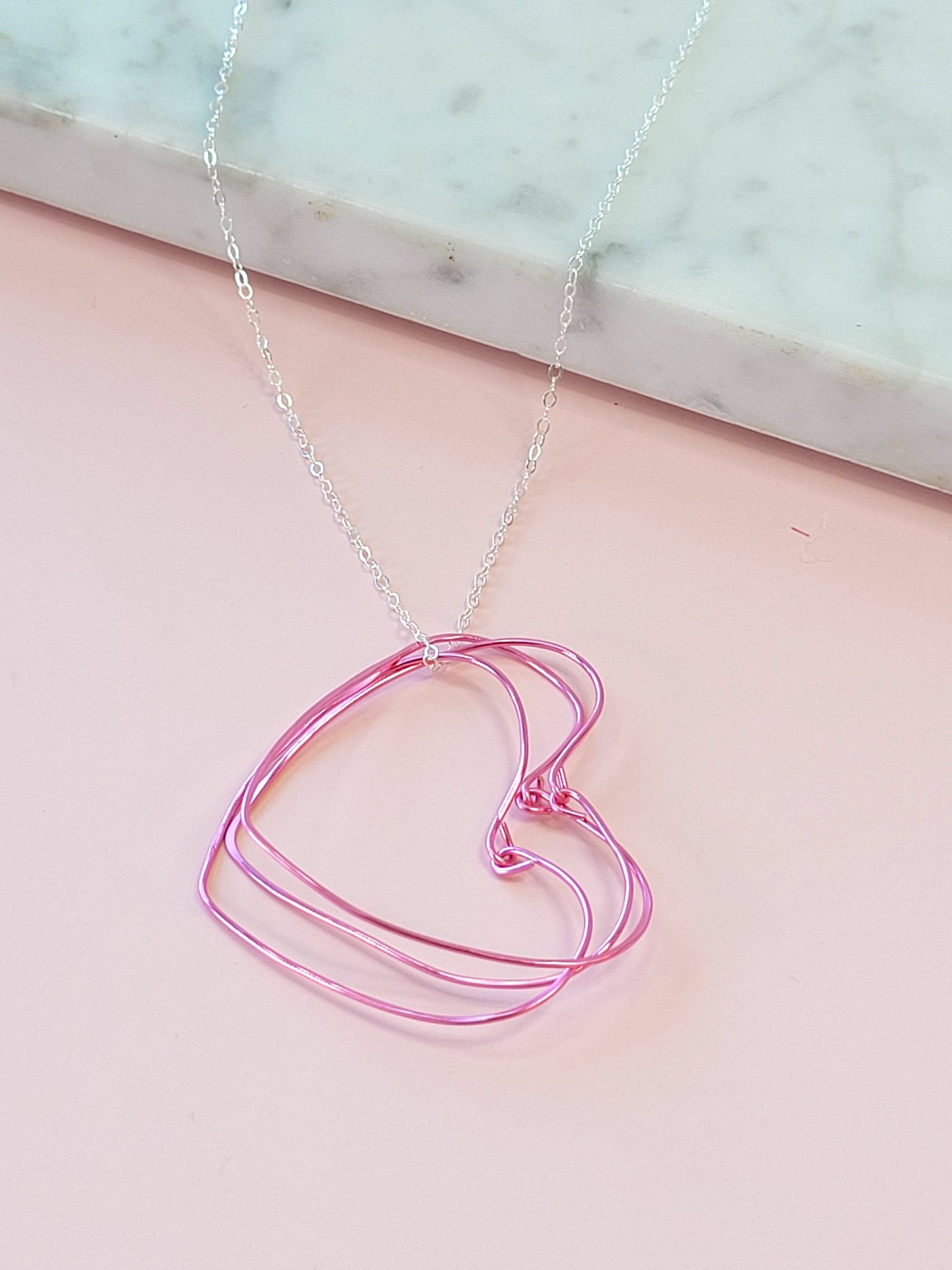 Hot Pink Hearts Necklace on a Silver Chain
