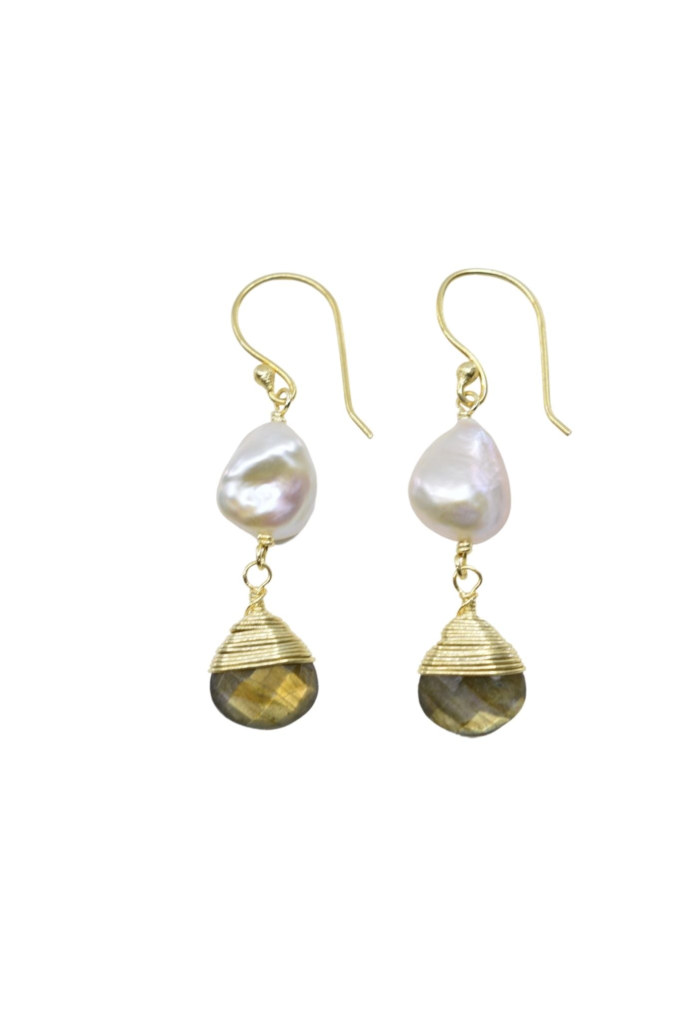 Pearl Earring with Hand Wrapped Labradorite Earring