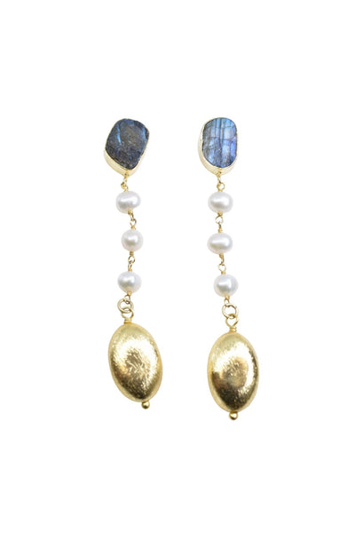 Labradorite Drop Earrings with Pearl and Gold Drops