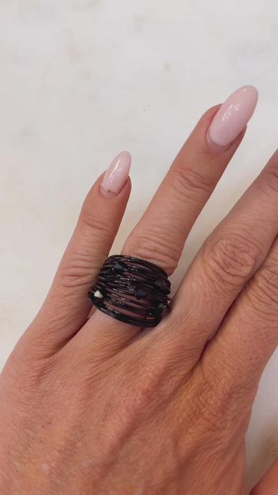 Marcia Black Wire Wrap Ring with Black Swarovski Crystals