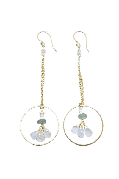 Pearl Accented Gold Chain Dangle Earrings with Green Strawberry Quartz and Moonstone Hoop Drop