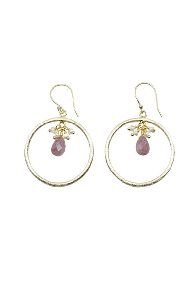 Gold Dangle Earrings with Gold Hoop, Pearl Bead and Cherry Quartz Drop