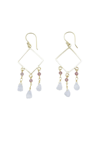Diamond-Shaped Earring With Cherry Quartz and Moonstone Drops