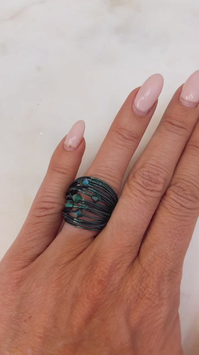 Marcia Green Wire Wrap Ring with Forest Green Swarovski Crystals