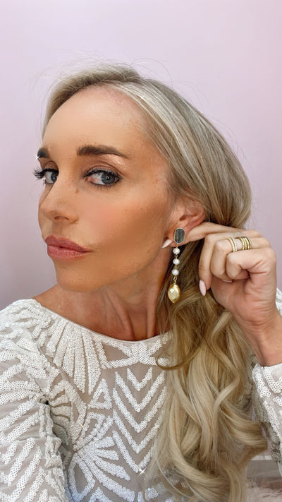 Labradorite Drop Earrings with Pearl and Gold Drops