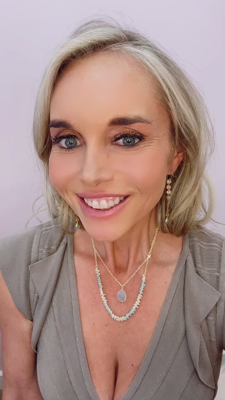 Gold Two-Strand Necklace with Turquoise and Pearl Beads and White Druzy Pendant