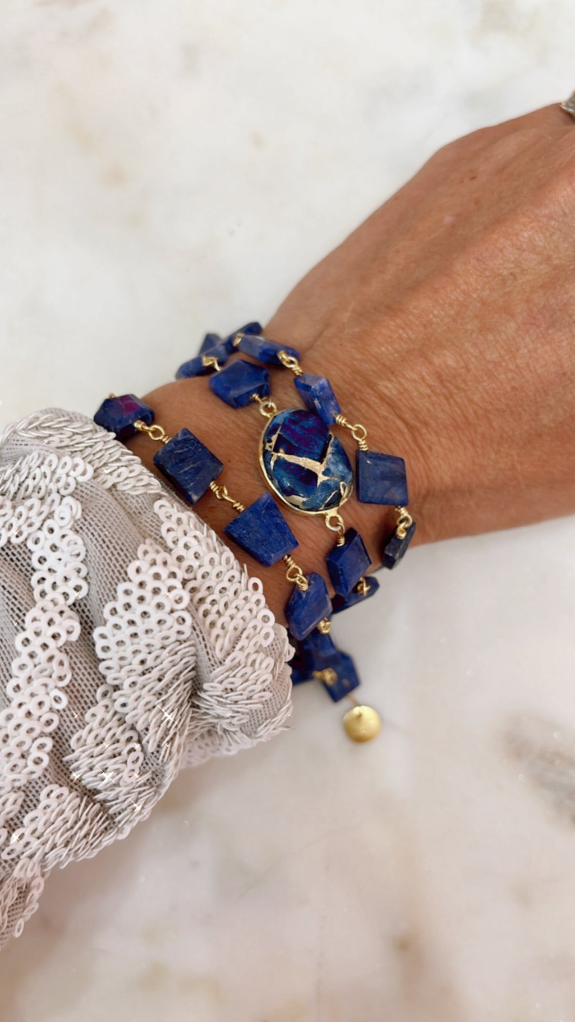 Hana Wrap Bracelet/Necklace in Blue Mojave Copper Turquoise - Chunky Stone