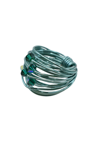 Marcia Light Blue Wire Wrap Ring with Forest Green Swarovski Crystals