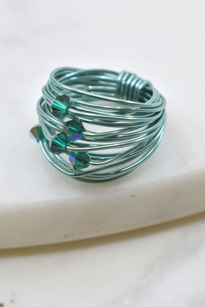 Marcia Light Blue Wire Wrap Ring with Forest Green Swarovski Crystals