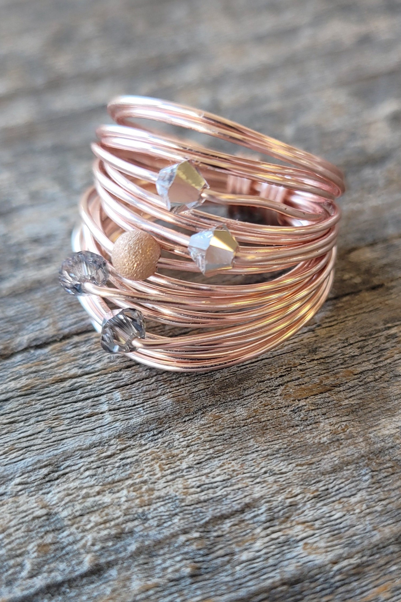 Marcia Wire Wrap Ring in Rose Gold with Grey Comet Swarovski Crystals