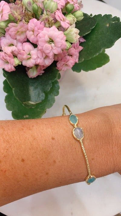 Gold Bangle Bracelet with Moonstone and Chalcedony Stones