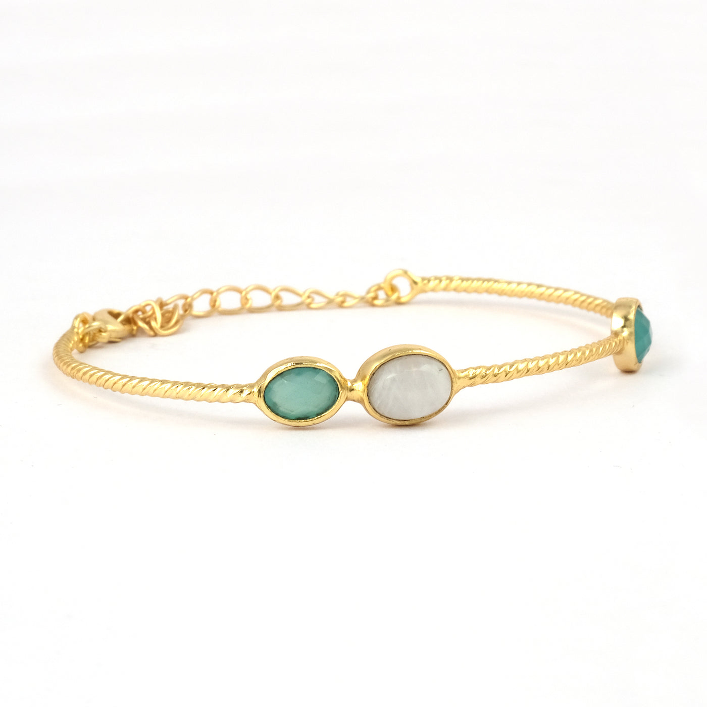 Gold Bangle Bracelet with Moonstone and Chalcedony Stones