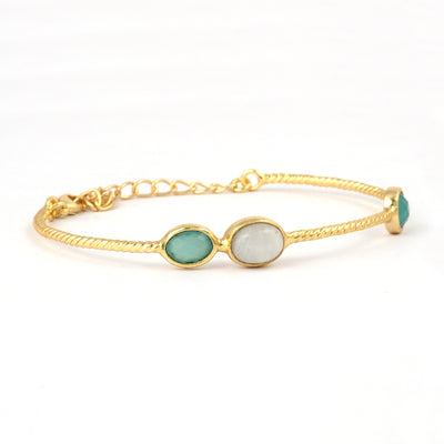 Gold Bangle Bracelet with Moonstone and Chalcedony Stones