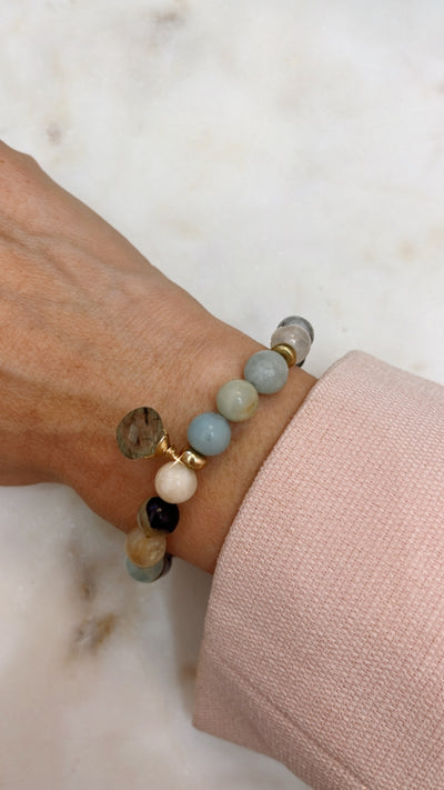 Amazonite Stretch Bracelet with Hand-Wrapped Green Rutilated Quartz in Gold