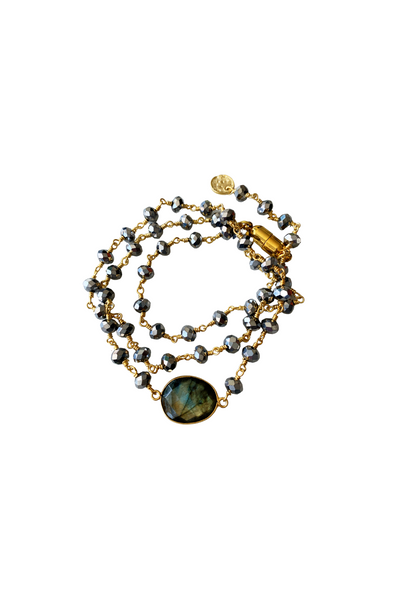 Hana Wrap Bracelet/Necklace in Polished Pyrite with Labradorite - Round Stone