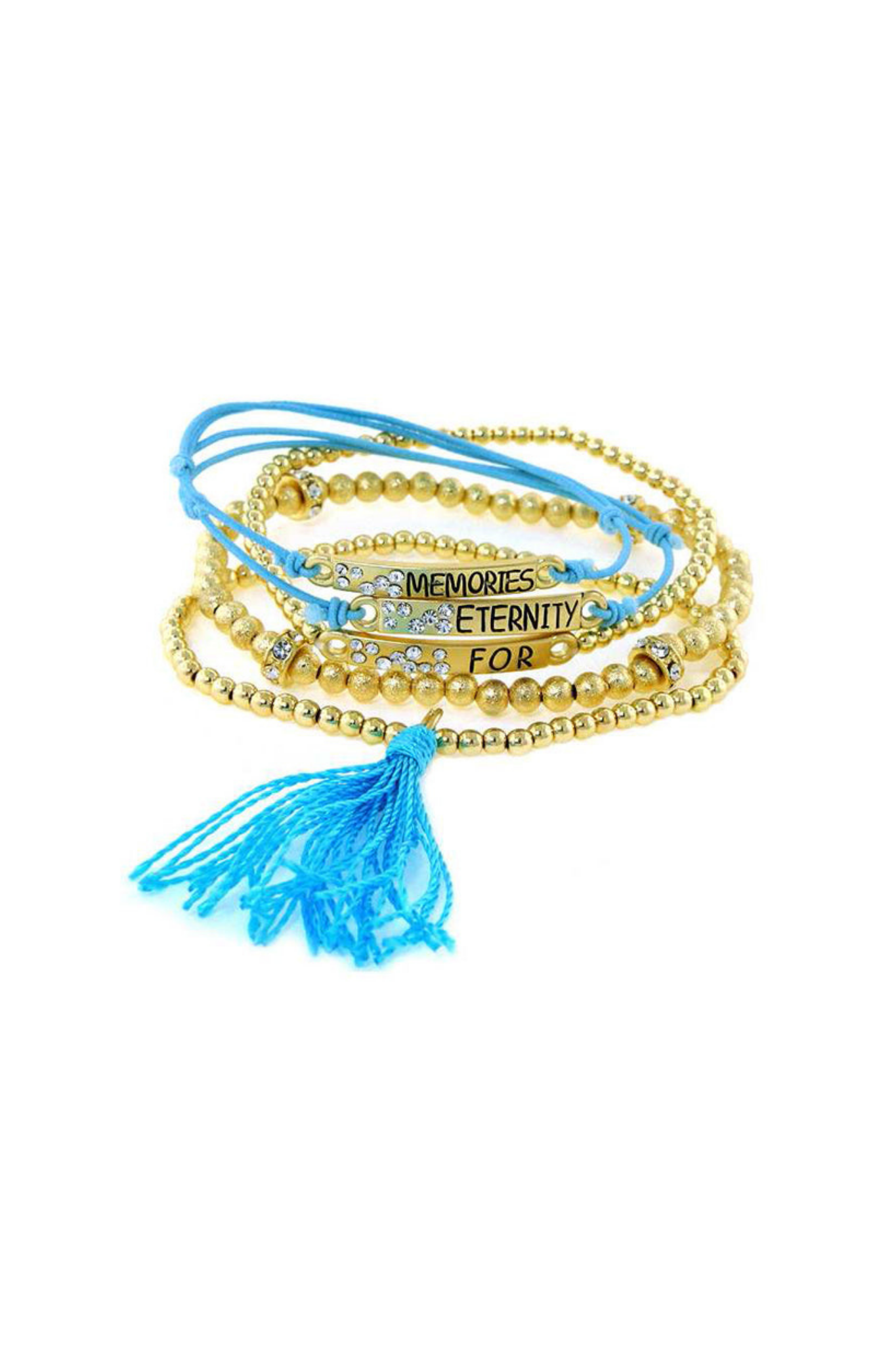 "Memories For Eternity" Bracelet with Gold Beads and Blue Tassel - Set of 5