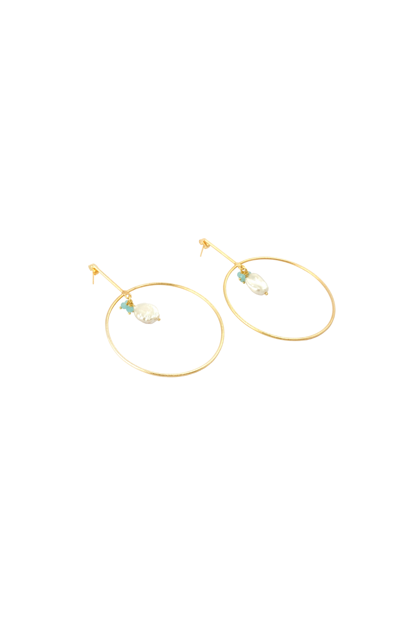 Gold Hoop Drop Earrings with Pearl and Chalcedony Accent