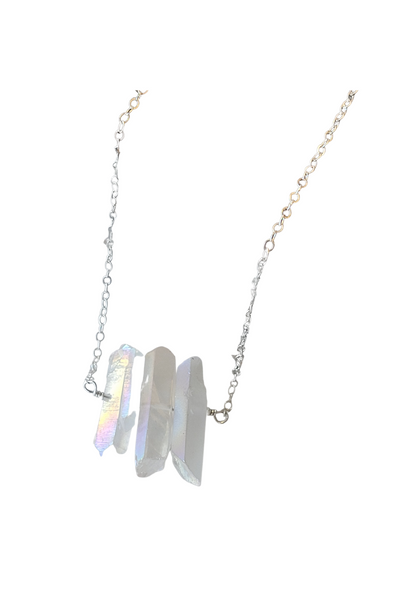 Three Raw Rainbow Quartz Crystal Pendant Necklace in Silver