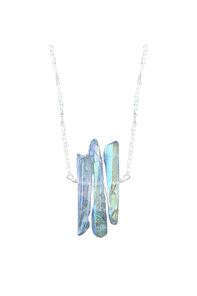 Three Raw Mystic Grey Quartz Crystal Pendant Necklace in Silver