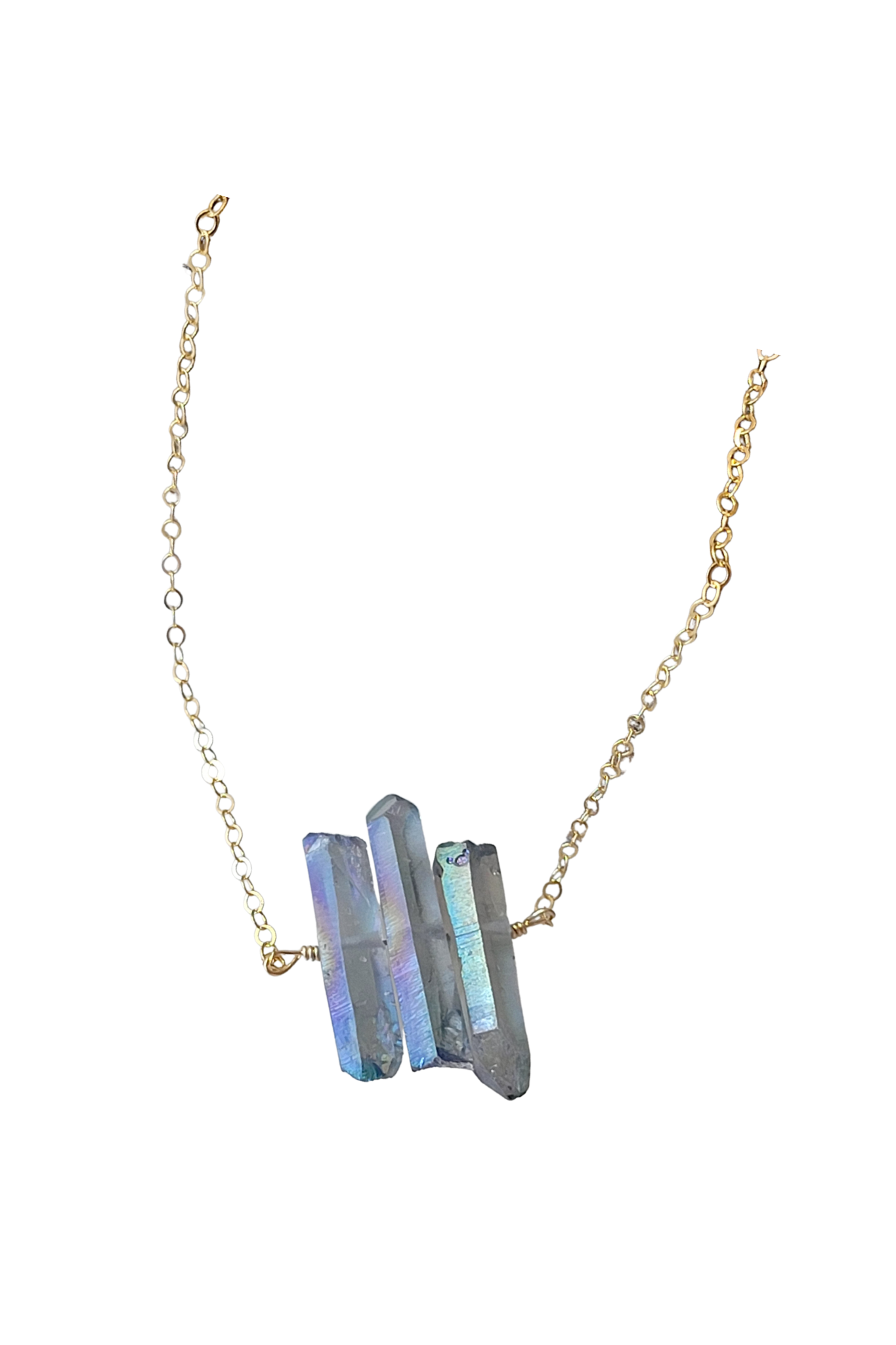 Three Raw Mystic Grey Quartz Crystal Pendant Necklace in Gold