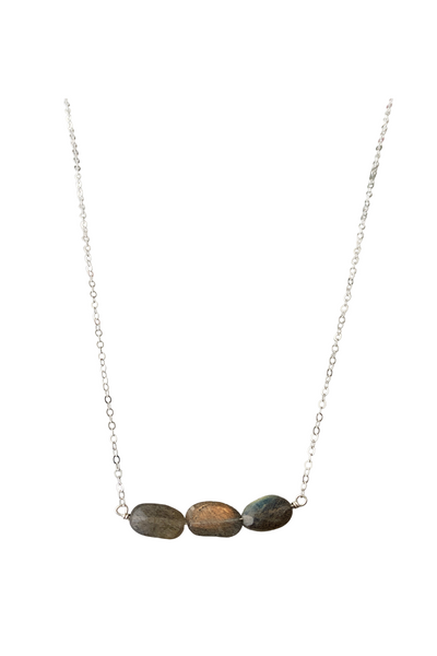 Sterling Silver 3 Oval Stone Labradorite Bar Necklace