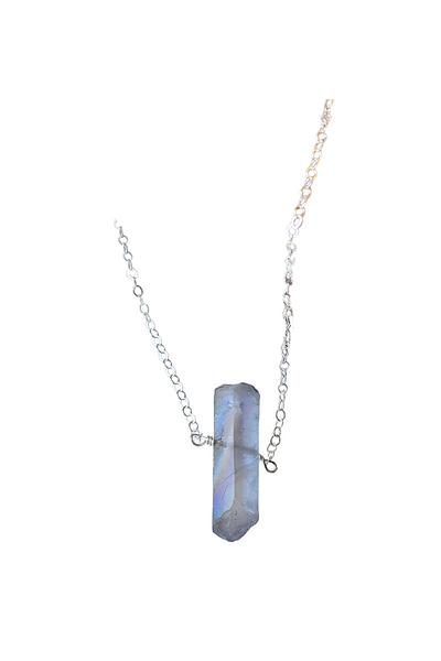 Single Raw Mystic Grey Quartz Crystal Pendant Necklace in Silver