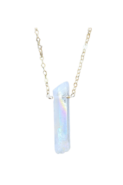 Single Raw Rainbow Quartz Crystal Pendant Necklace in Gold