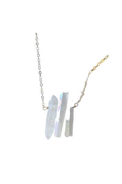 Three Raw Rainbow Quartz Crystal Pendant Necklace in Gold