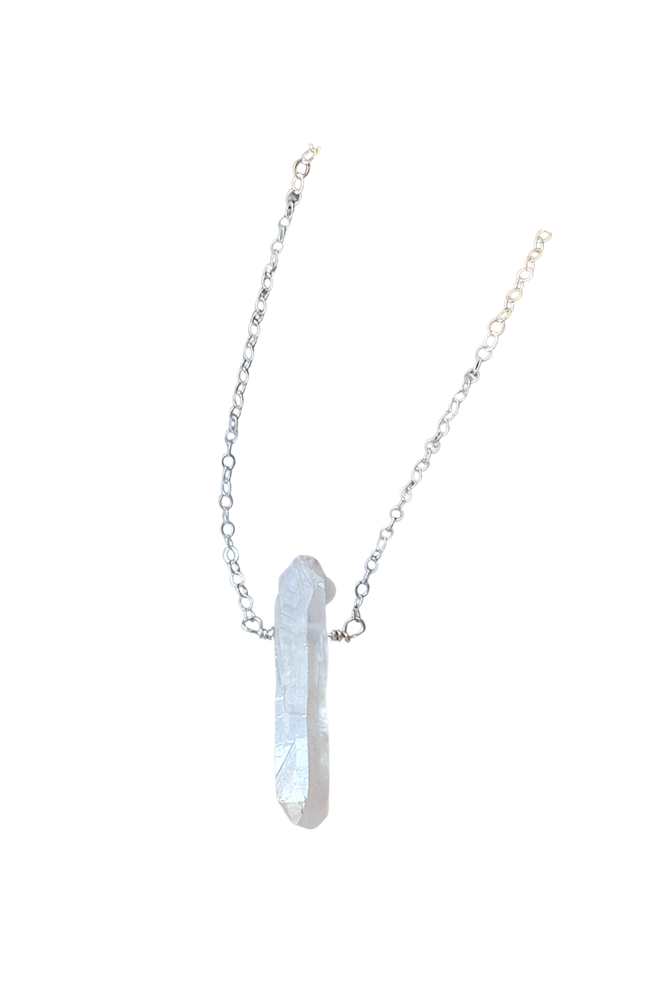 Single Raw Rainbow Quartz Crystal Pendant Necklace in Silver