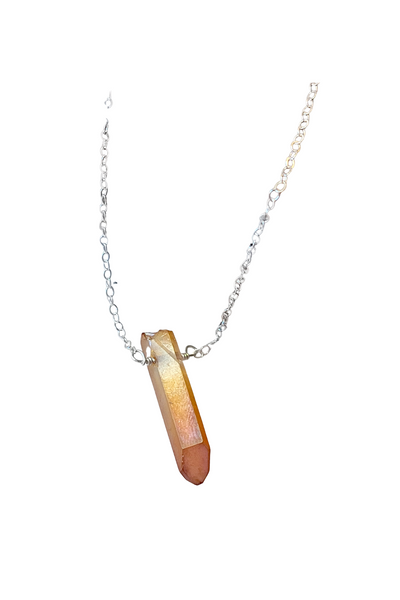Single Raw Peach Quartz Crystal Pendant Necklace in Silver