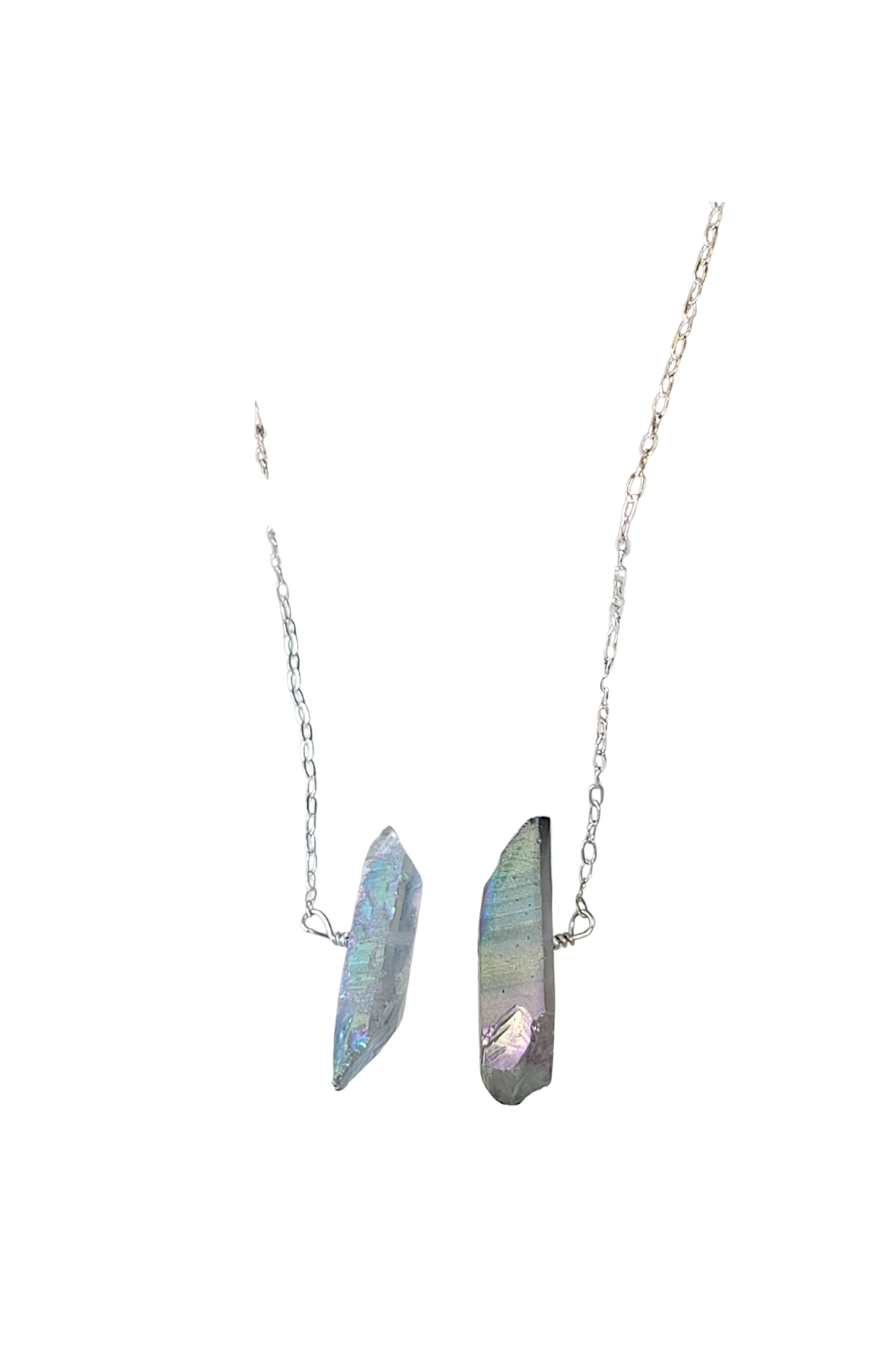 Three Raw Quartz Crystal Pendant Necklace with Mystic Grey and Rainbow Quartz in Silver