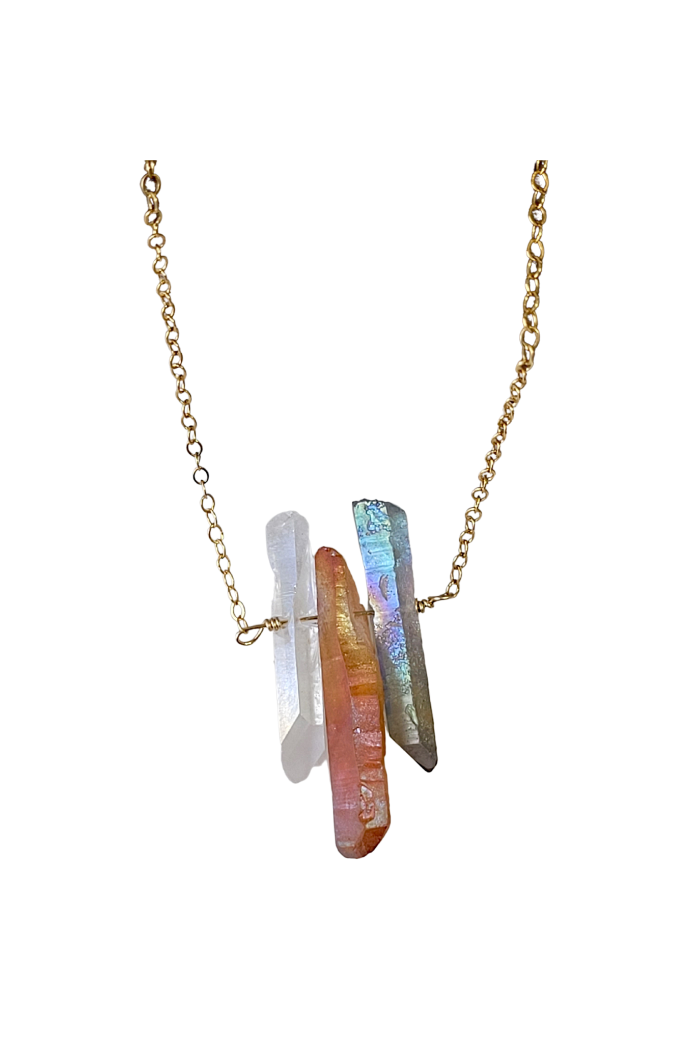 Three Raw Quartz Crystal Pendant Necklace with Mystic Grey, Rainbow and Peach Quartz in Gold