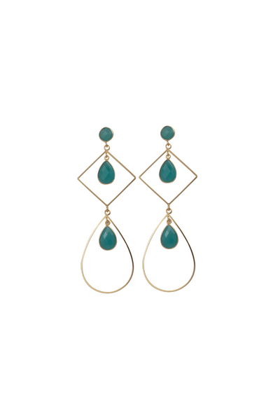 Gold Drop Earrings with Blue Chalcedony Accent Stones