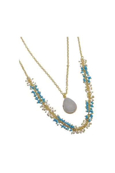 Gold Two-Strand Necklace with Turquoise and Pearl Beads and White Druzy Pendant