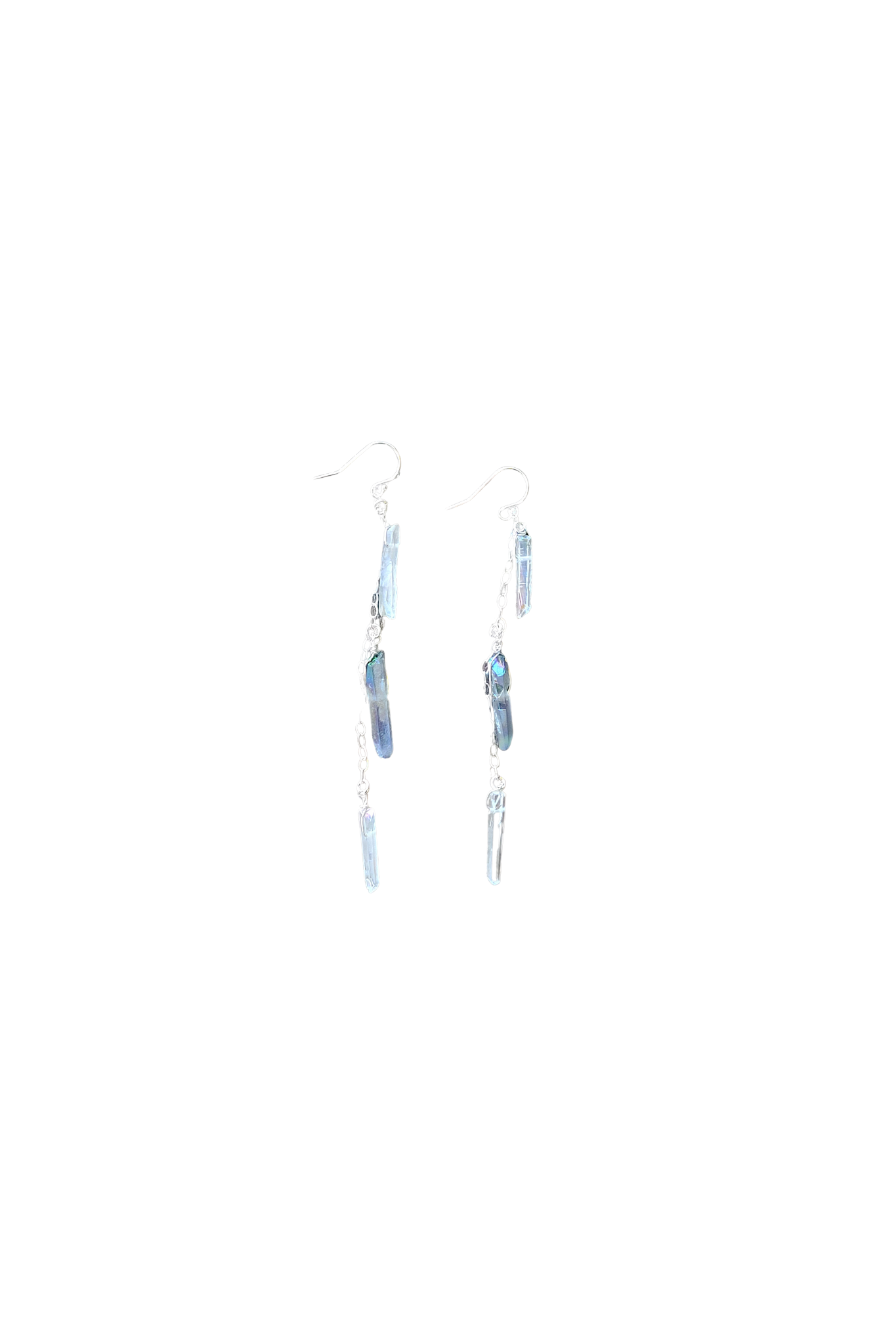 Delicate Silver Chain Earring with Three Raw Quartz Crystals in Mystic Grey and Rainbow Quartz