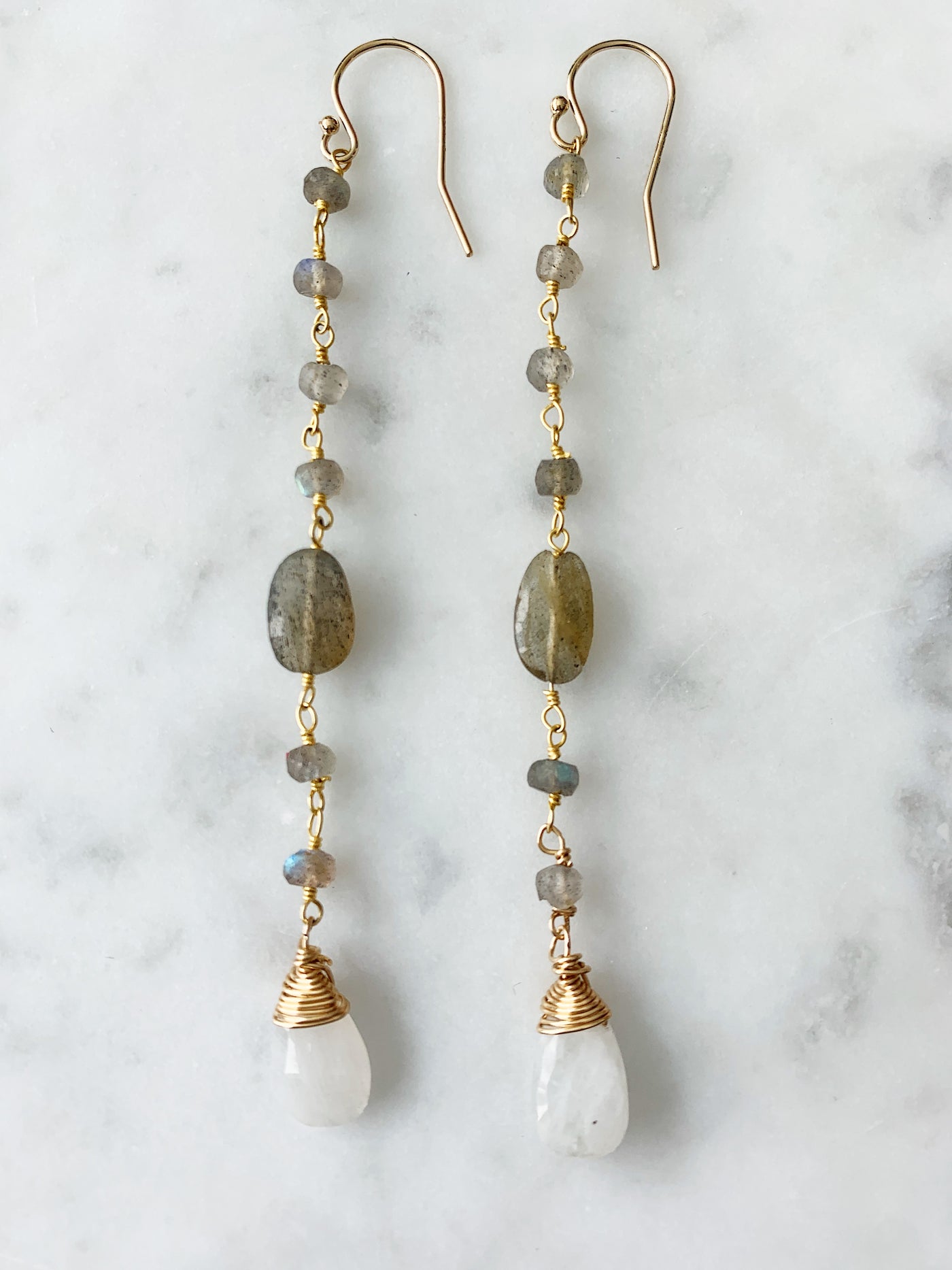 Nugget Labradorite Long Chain Earring with Moonstone Drop