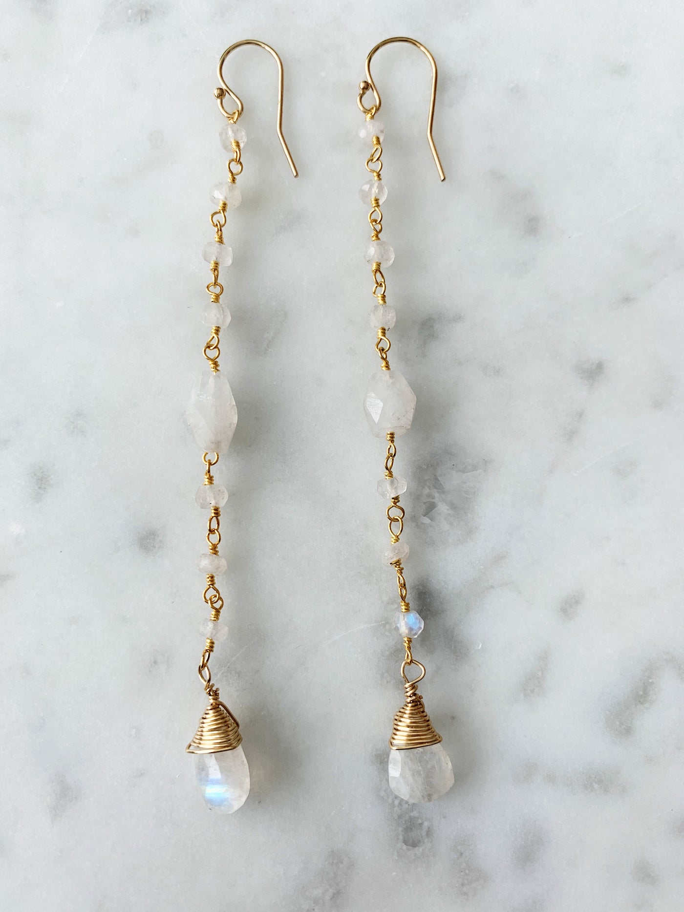 Nugget Moonstone Long Chain Earring with Moonstone Drop