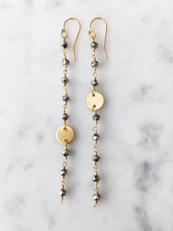 Polished Pyrite Coin Long Chain Earring