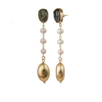 Labradorite Drop Earrings with Pearl and Gold Drops