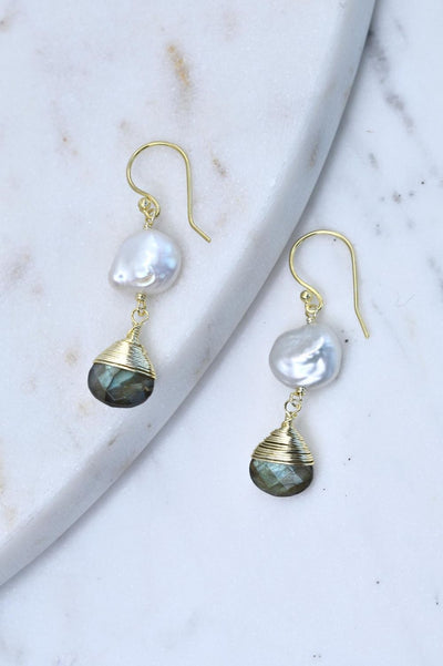 Pearl Earring with Hand Wrapped Labradorite Earring