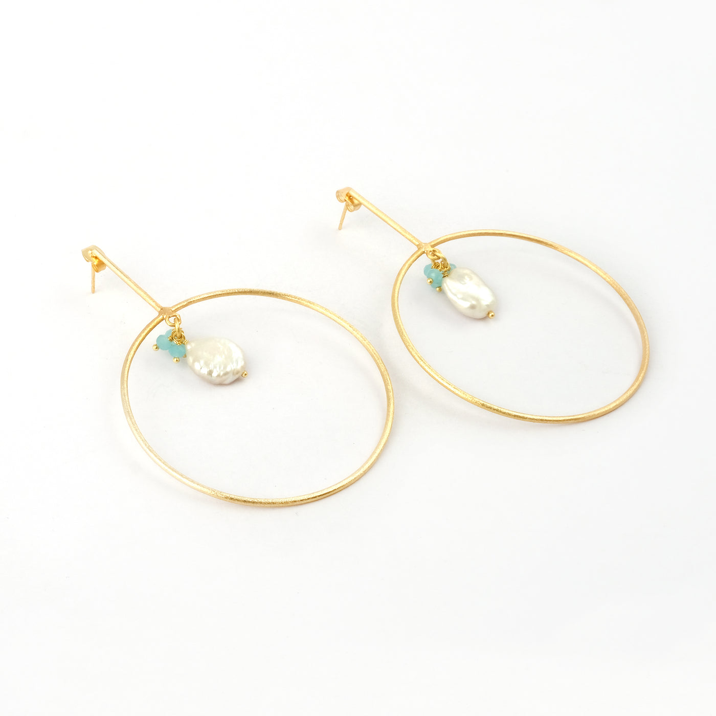 Gold Hoop Drop Earrings with Pearl and Chalcedony Accent
