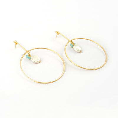 Gold Hoop Drop Earrings with Pearl and Chalcedony Accent