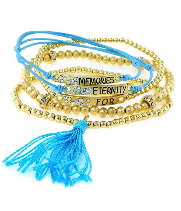 "Memories For Eternity" Bracelet with Gold Beads and Blue Tassel - Set of 5