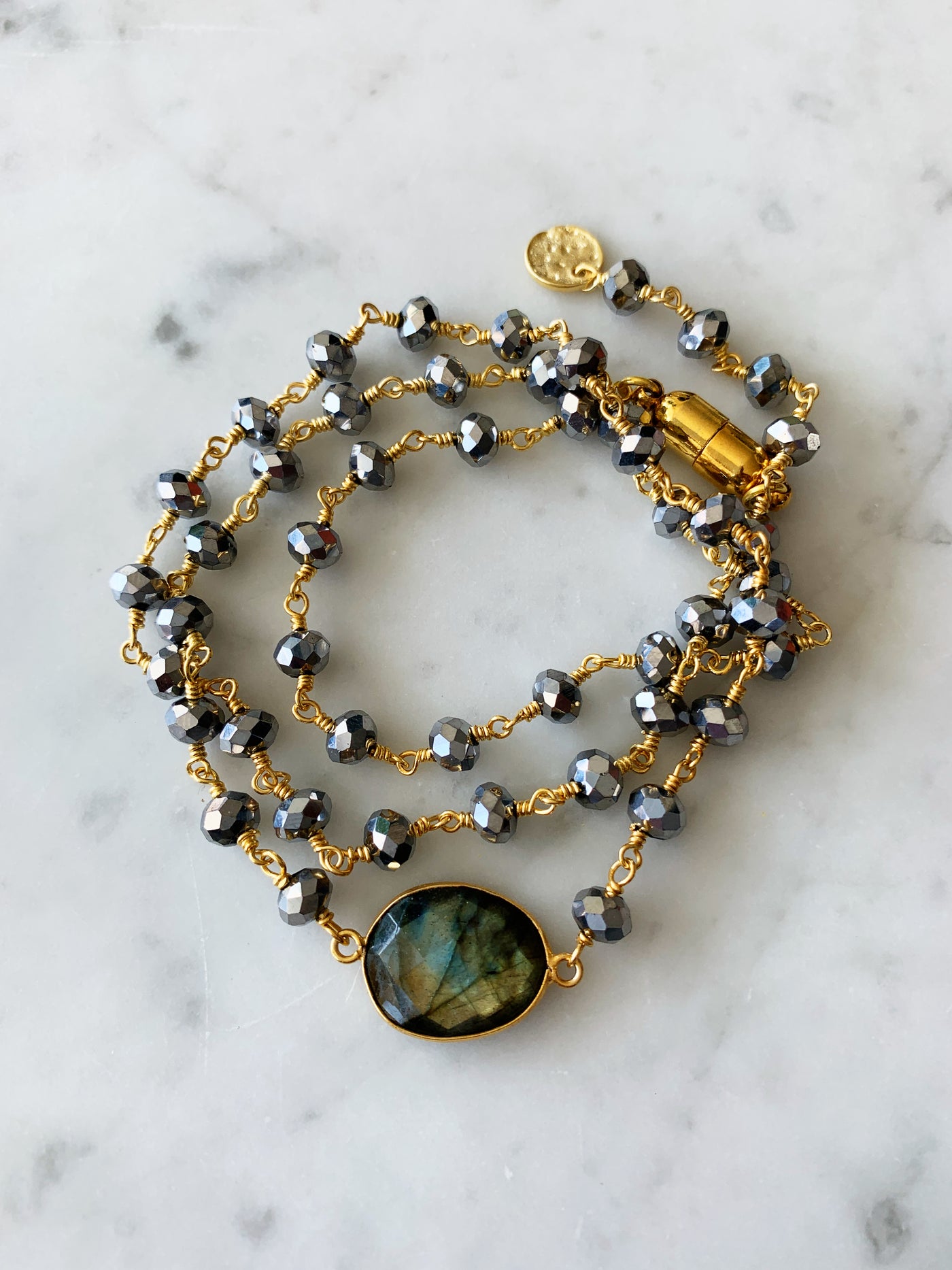 Hana Wrap Bracelet/Necklace in Polished Pyrite with Labradorite - Round Stone