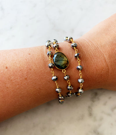 Hana Wrap Bracelet/Necklace in Polished Pyrite with Labradorite - Round Stone