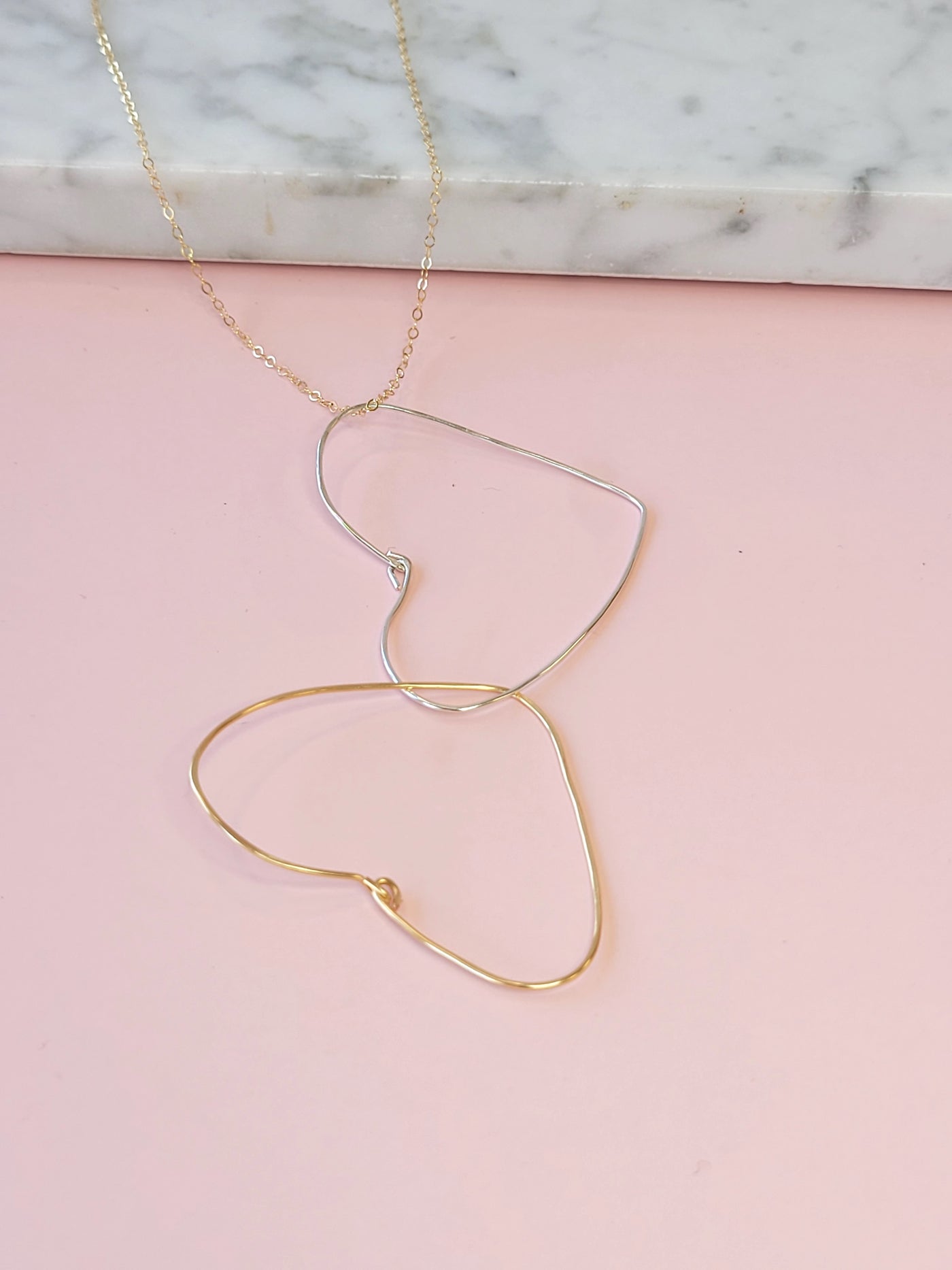 Double Drop Heart Necklace in Gold and Silver