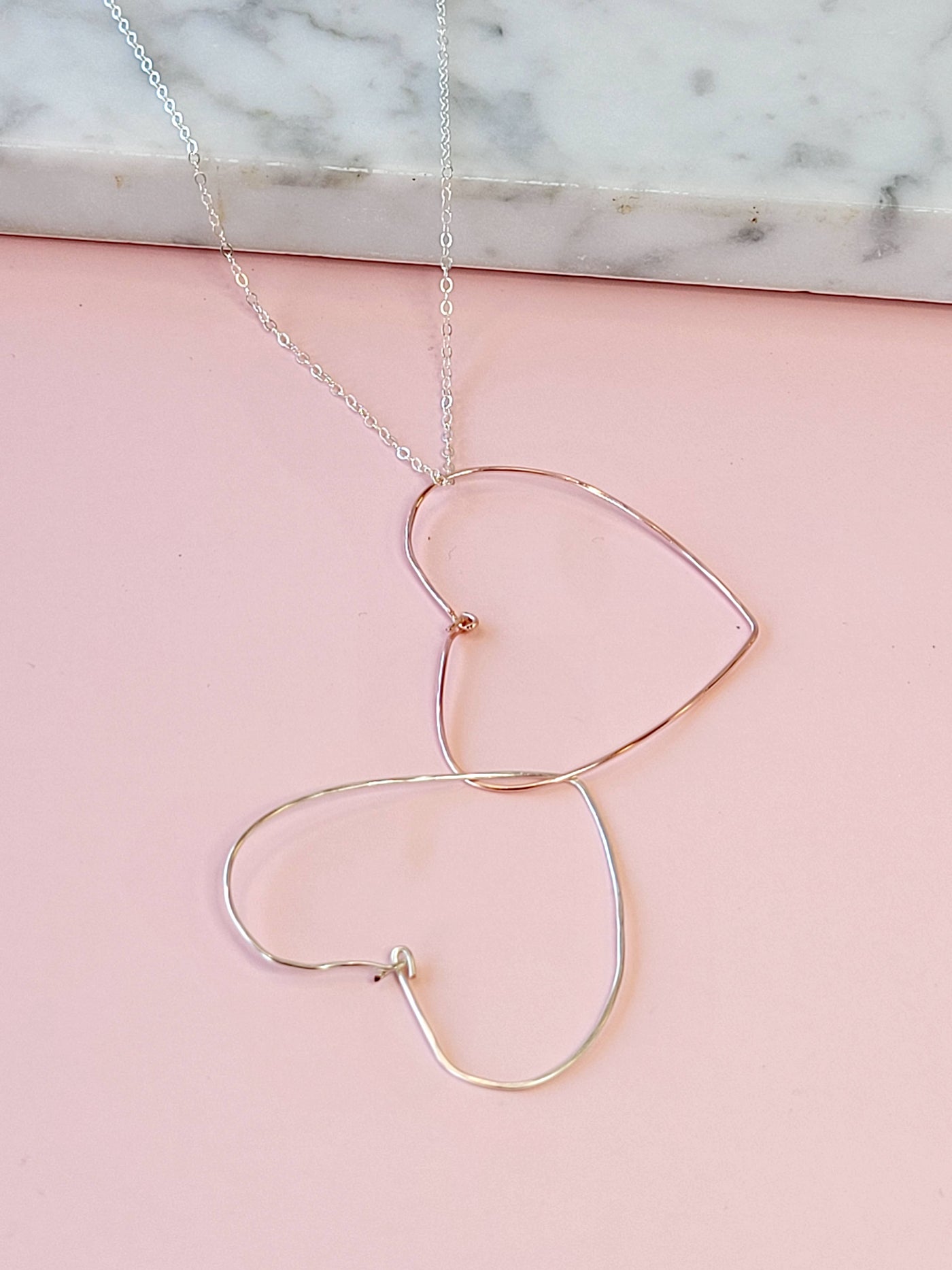 Double Drop Heart Necklace in Rose Gold and Silver